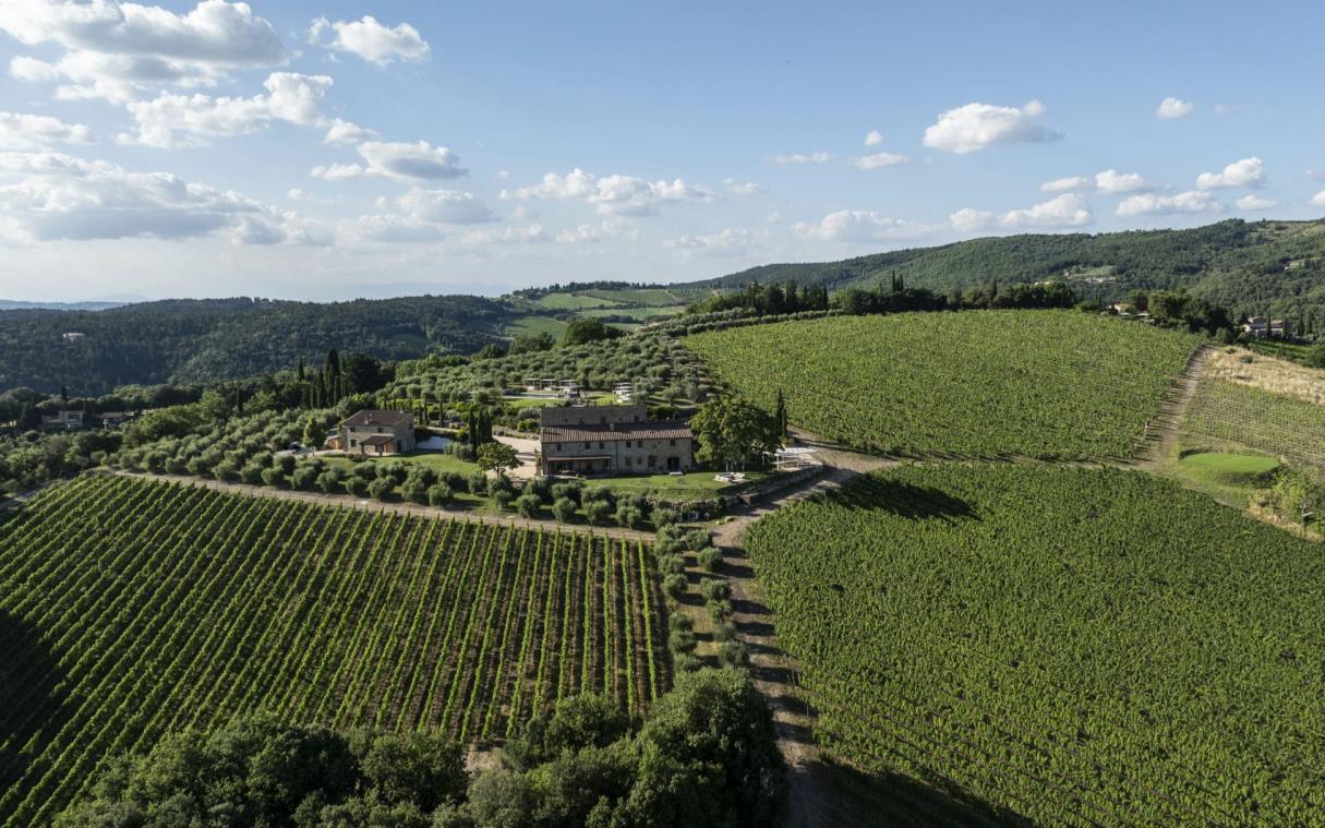 Aerial view of Il Cellese surrounded by vineyards